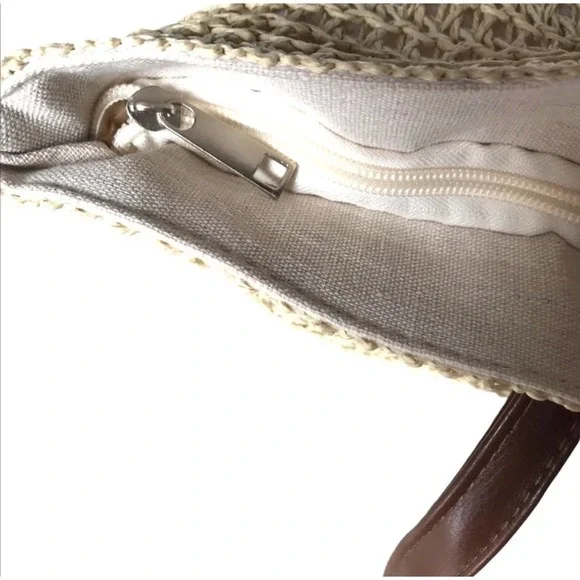 1 LEFT! Colorblock Raffia Crochet Summer Three Tone Tote Bag Brown Leather Strap - Picture 2 of 4